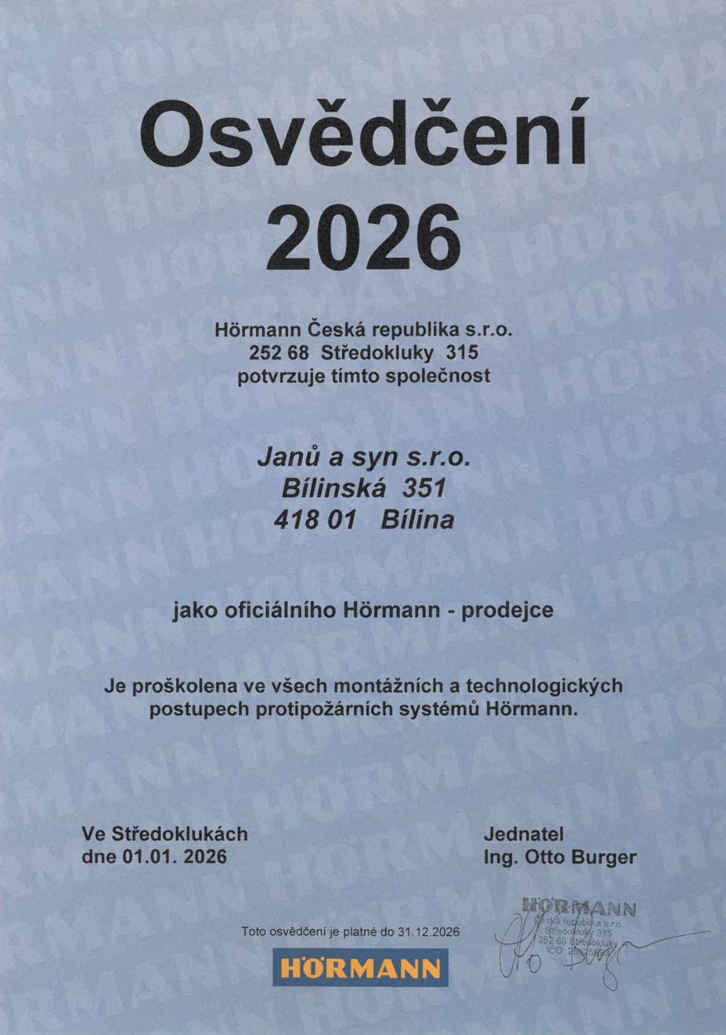 Osvědčení autorizovaného servisního a montážního střediska Hörmann 2026