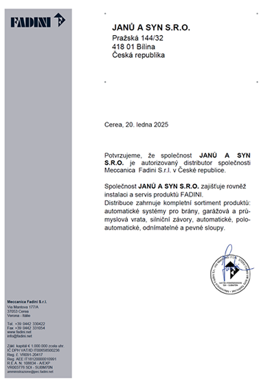 Certifikát FADINI 2024 - montáže a servis