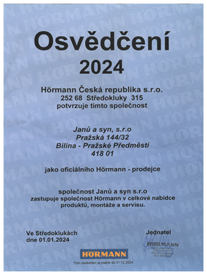 Osvědčení oficiálního prodejce Hörmann 2024