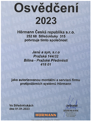 Osvědčení autorizovaného servisního a montážního střediska Hörmann 2022